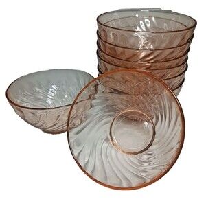 Arcoroc France Rosaline Set of 8 Pink Swirl Glass Dessert Bowls 4.75 In. Vintage